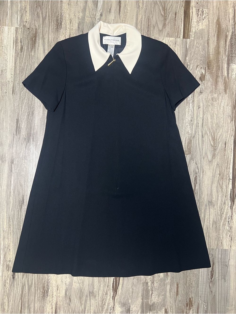 Vtg 90s Evan Picone Black Cream Collared Shift Dress Shoulder Pads Mod Goth 8
